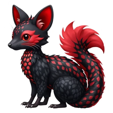 Feral Rare Fantasy shiny soft fuzzy furry vibrant tropical obsidian-black and crimson-red Vernid-Trico-species-creature by LiLaiRa, random markings, tufted tail, tufted ears, full body with markings sticker
