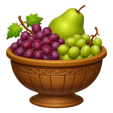 medieval fruit bowl object icon, grapes apples pears, clay bowl, warm rustic look, 3D cartoon, mobile game icon style, clean background, no text, no watermark
 sticker