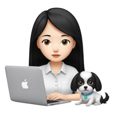 Blue back ground, Asian girl with long black hair , wearing a white shirt, working on an Apple laptop, next to her is a small black and white dog sticker