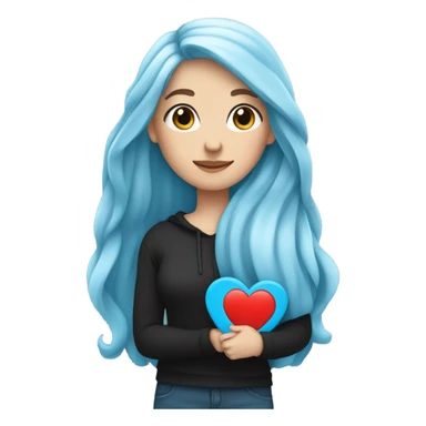 white girl with long blue hair in a black sweatshirt holding a blue heart sticker