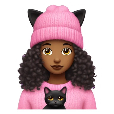 A black light skinned teenager girl with Long curly hair wearing a pink knit sweater and pink hat. The girl is holding a black fluffy cat sticker