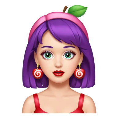 Katy Perry as an apple style emoji, inspired by 'California Gurls', candy-themed accessories, no text sticker