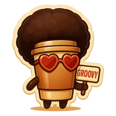 Tall coffee cup, no mouth, afro, heart glasses, holding sign "groovy" sticker