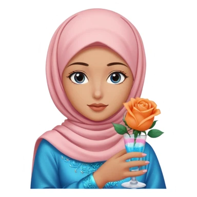 Turkish beautiful finish Konya girl blue eyes with light pink hijab islamic dress and had on her hand Glittery rose mocktail with orange light pink roses sticker