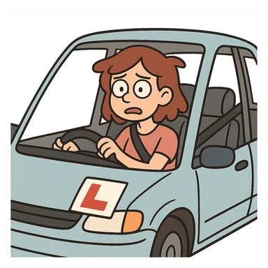 learner driver sitting in a car with visible L-plate, simple clear composition, cartoon style sticker
