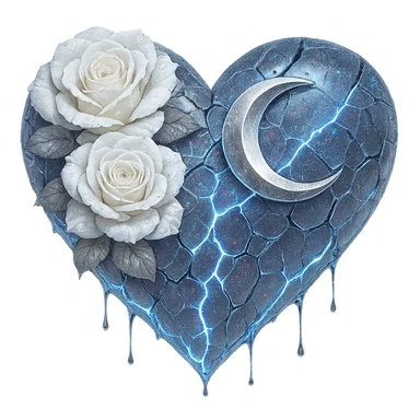 Edit the gothic heart to feature splintered deep white glass, silver crescent moon, white roses, holographic stardust, neon lightning, and a wet look. Keep the background transparent. Maintain the gothic heart style and transparent background. sticker
