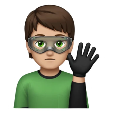 Chico de pelo marrón, ojos verdes y la mitad de la cara color gris ceniza. Con un cubre bocas negro, que tiene una camisa verde por encima de una remera blanca, y tiene un guante negro en una sola de las manos. Estilo minecraft sticker