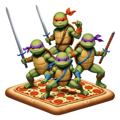 Vector emoji sticker of 4 Ninja Turtles: Leo (blue/swords), Raph (red/sais), Donnie (purple/staff), and Mikey (orange/nunchucks). Action poses, NYC rooftop, pizza box, bold comic style, white border. sticker