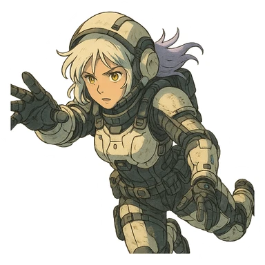 1 female, white hair lavender tips gold yellow eyes, a tactical female space warrior floating in zero-g EVA operations, reaching in front of her sticker