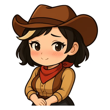 Chibi cowgirl with short hair and a blonde streak, wearing a cowboy hat and western outfit, no guns. Pose: hands clasped in front, shy, blushing, and cute-sexy expression, more feminine curves. Chibi/anime style, transparent background, sized for Twitch or Discord use. sticker