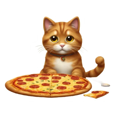 A cute, fluffy cat sitting on a rustic wooden table, playfully nibbling on a slice of pizza topped with melted cheese and pepperoni.  sticker