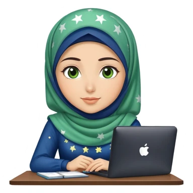 Turkish beautiful finish Konya girl blue starry hijab and green heart dress and she work on office sticker