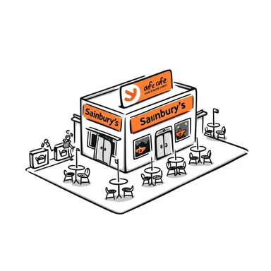 Isometric Sainsbury's supermarket with orange branding, Nectar card logo visible, shopping trolley collection points, and cafe area with outdoor seating sticker