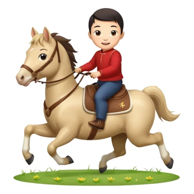 l little chinese baby boy riding on a  cute horse running on the grass with 2026 year label sticker