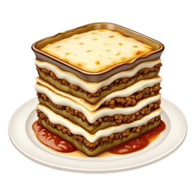 Cinematic Realistic Moussaka Dish Emoji, depicted with layers of eggplant, minced meat, and b√©chamel sauce rendered with rich textures and warm, inviting lighting that captures its Mediterranean flavor. sticker