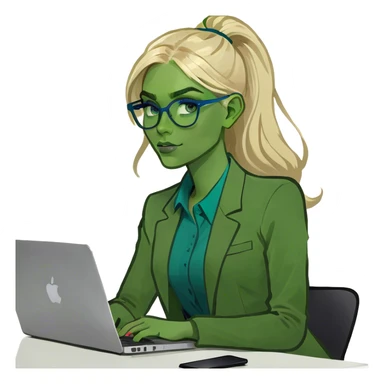  girl with blue eyes, blonde hair working with Mac  sticker