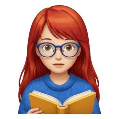 a girl with long red hair and bangs with glasses wearing blue sweater reading a yellow cover book sticker