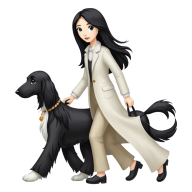 A girl with long black hair walks a black and white Afghan hound sticker
