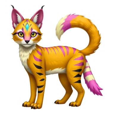 Colorful tropical tribal pale light fruity pastel white glorious iridescent divine exotic cute albino neon vibrant zigzagged cool beautiful fantasy-caracal-civet-genet-sergal-vernid-Gryphon-Cacomistle-Trico-oncilla-animal-Fakémon-hybrid-fursona (full body), facial markings,  sticker