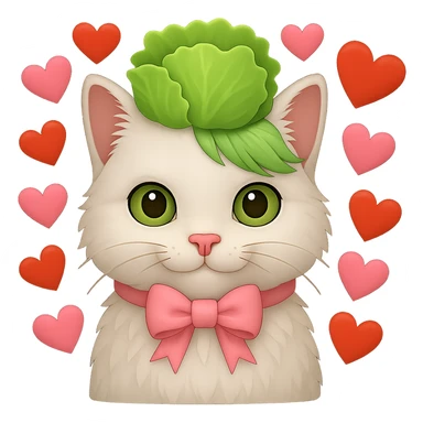 Make the hearts larger around the white cat with a pink bow and a green lettuce crown in the style of emoji. Remove the background. sticker