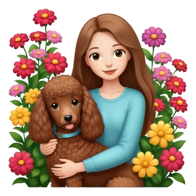 A beautiful girl with long straight hair happily hugs a brown poodle in the flowers sticker