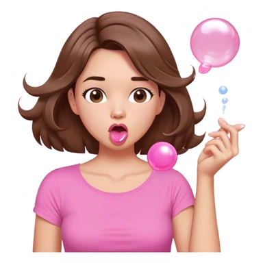 A digital illustration of a cartoon-style woman with shoulder-length brown hair, wearing a pink shirt. She is blowing a pink bubble gum bubble while playfully twirling a strand of her hair with her fingers. Her facial expression is relaxed and carefree. The background is plain white sticker