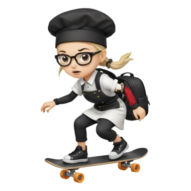 ["An angry woman with light skin, ponytail, wearing a chef hat and square glasses, dressed in goth fashion, is skateboarding while holding a backpack."] sticker