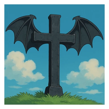 goth cross, with bat wings, Ghibli style sticker