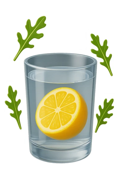 emoji stile iphone 3d di un bicchiere di acqua con limone e qualche foglia di rucola che fluttua intorno in aria, iperrealistico 4k sticker