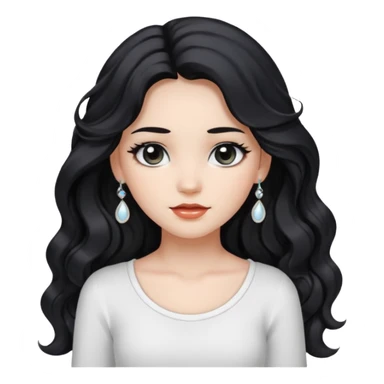 Wavy black long hair girl , black eyes , white top , white\tan skin , wearing accessories  sticker