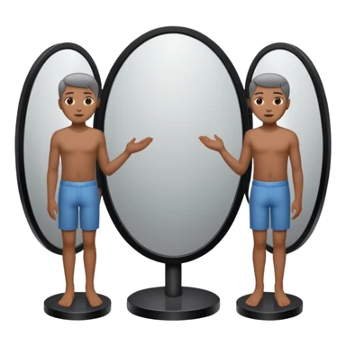 Minimalist emoji-style sticker of a person standing before a mirror, but the reflection is moving differently. Black and gray icon.
 sticker