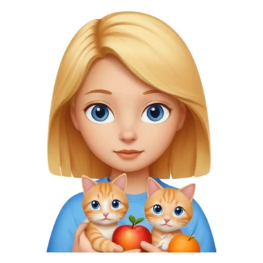 blonde girl with blue eyes holding an orange tabby cat, apple emoji style sticker