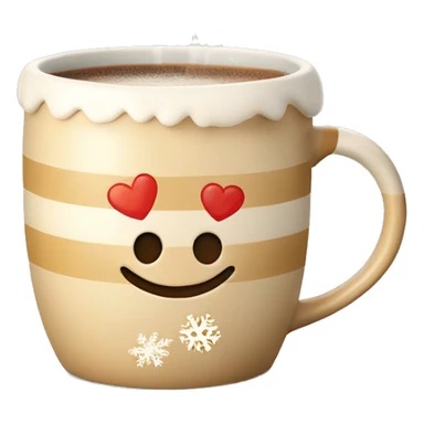 mugs with a hot drink decorated with snowflakes or a striped caramel stick. Steam rises from the mug in the shape of hearts. The color of the mug is warm beige sticker