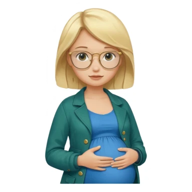 pregnant blonde 18-year old with golden glasses in a bright blue dress and a dark green jacket on top of the blue dress standing sassily sticker