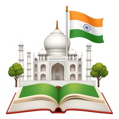 An icon featuring the Taj Mahal and the flag of India, symbolizing the Hindi language. The design includes an open book with hindi text, representing language learning and cultural richness. Transparent background highlights the heritage of India. sticker