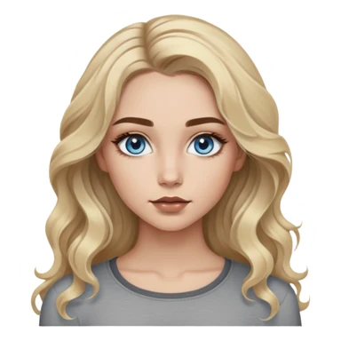 Girl with blue eyes. Blonde wavy hair with dark brown outgrowths. Long hair. Natural eyebrows with color like highlights. Painted eyelashes and lips lined with brown liner. With a gray long-sleeved crop top. Skinny in the face. sticker