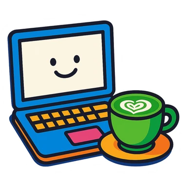 a MacBook and a matcha latte, playful cartoon style sticker