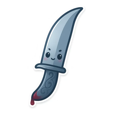 kawaii chibi-style silver knife emoji, elegant curved blade with engraved handle, faint bloodstain on the tip, soft dramatic lighting, minimalist but sharp aesthetic, cold palette blue-gray, symbol of silent assassination sticker
