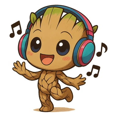 Add cute, colorful headphones to a chibi anime style Groot dancing with an oversized head, joyful and cute, one foot up, musical notes around. Keep the background transparent. The style should be chibi anime with a joyful and cute vibe. sticker