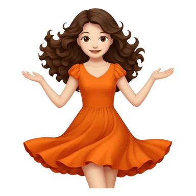 Long dark wavy hair women in orange standing twirling around sticker