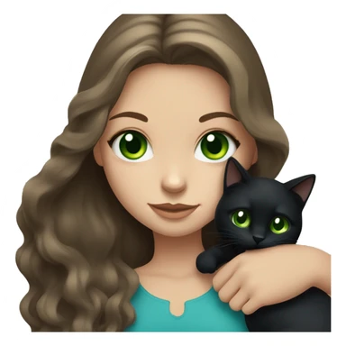 Girl with long brown hair and blue eyes holding chunky black cat with green eyes sticker