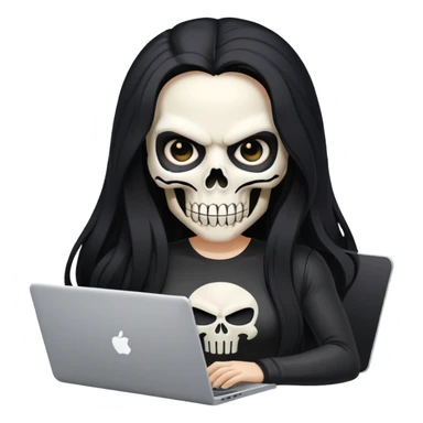 female Punisher skull with long flowing black hair working on a laptop sticker