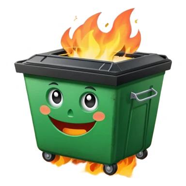 Green smiling dumpster with an open black lid and a fire burning inside it. there is litter and trash on the ground around it sticker
