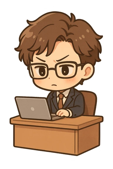 mini manager character, sitting at desk, laptop open, chibi proportions, focused, simple background, manga-inspired style sticker