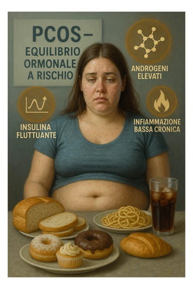 Donna tra i 25 e i 35 anni, seduta a tavola con un’espressione stanca e gonfia. Sul tavolo ci sono alimenti sbagliati per la sua condizione: dolci raffinati, pane bianco, pasta, bibite zuccherate. Intorno al suo corpo si vedono elementi simbolici che rappresentano gli effetti della PCOS peggiorata: insulina fluttuante, androgeni elevati, infiammazione bassa cronica. La sua pelle appare acneica, gonfiore addominale visibile, sguardo affaticato. Sullo sfondo, un cartello sfocato con scritto 'PCOS – equilibrio ormonale a rischio'. Stile realistico con elementi simbolici, toni freddi ma chiari in italiano sticker