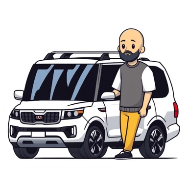 bald man with beard standing next to a Kia Mohave SUV sticker