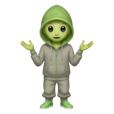 green alien in gray hoodie full height, wear hoodie hat, happy sticker
