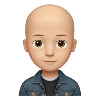  a young boy with bald head, black jeans jacket, plain forehead sticker