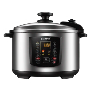 Stainless steel pressure cooker, with black gights, 3 black clamps on the cover,  under the knob sticker
