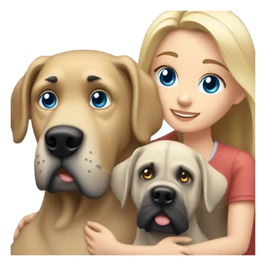 Brunette blue eye man and blonde blue eye girl hugging an English mastiff dog sticker